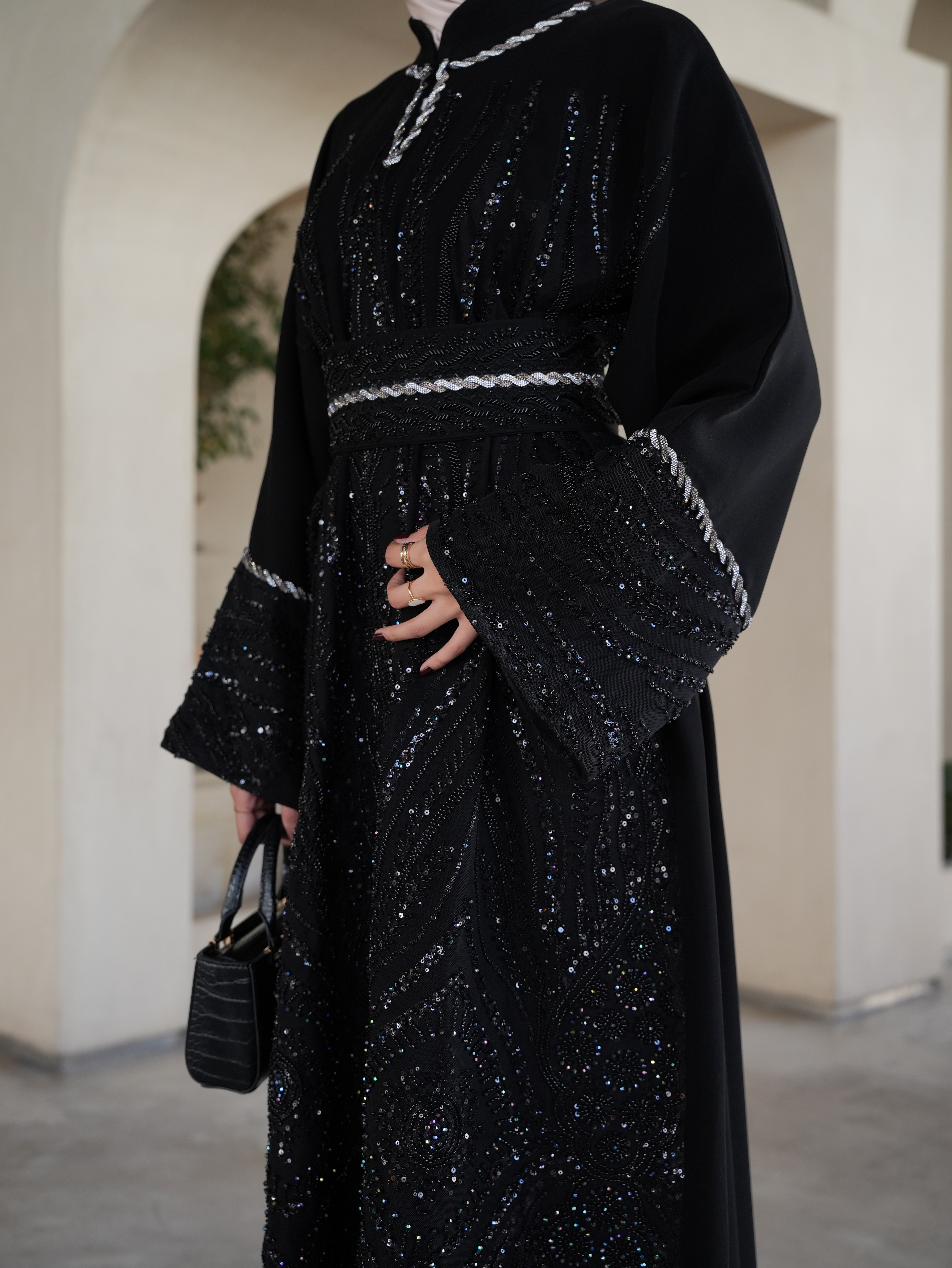 Fully beaded black galabeya