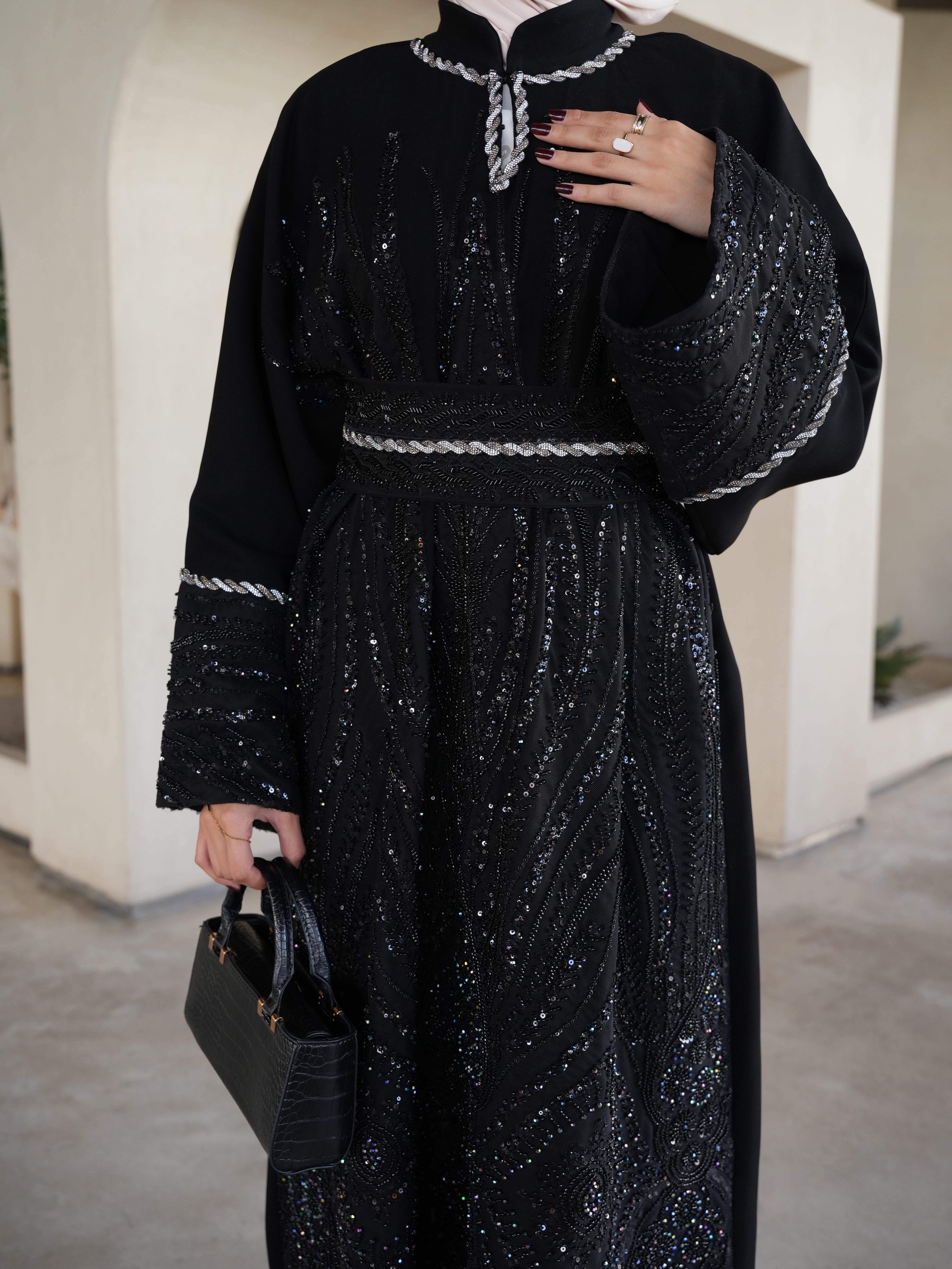 Fully beaded black galabeya