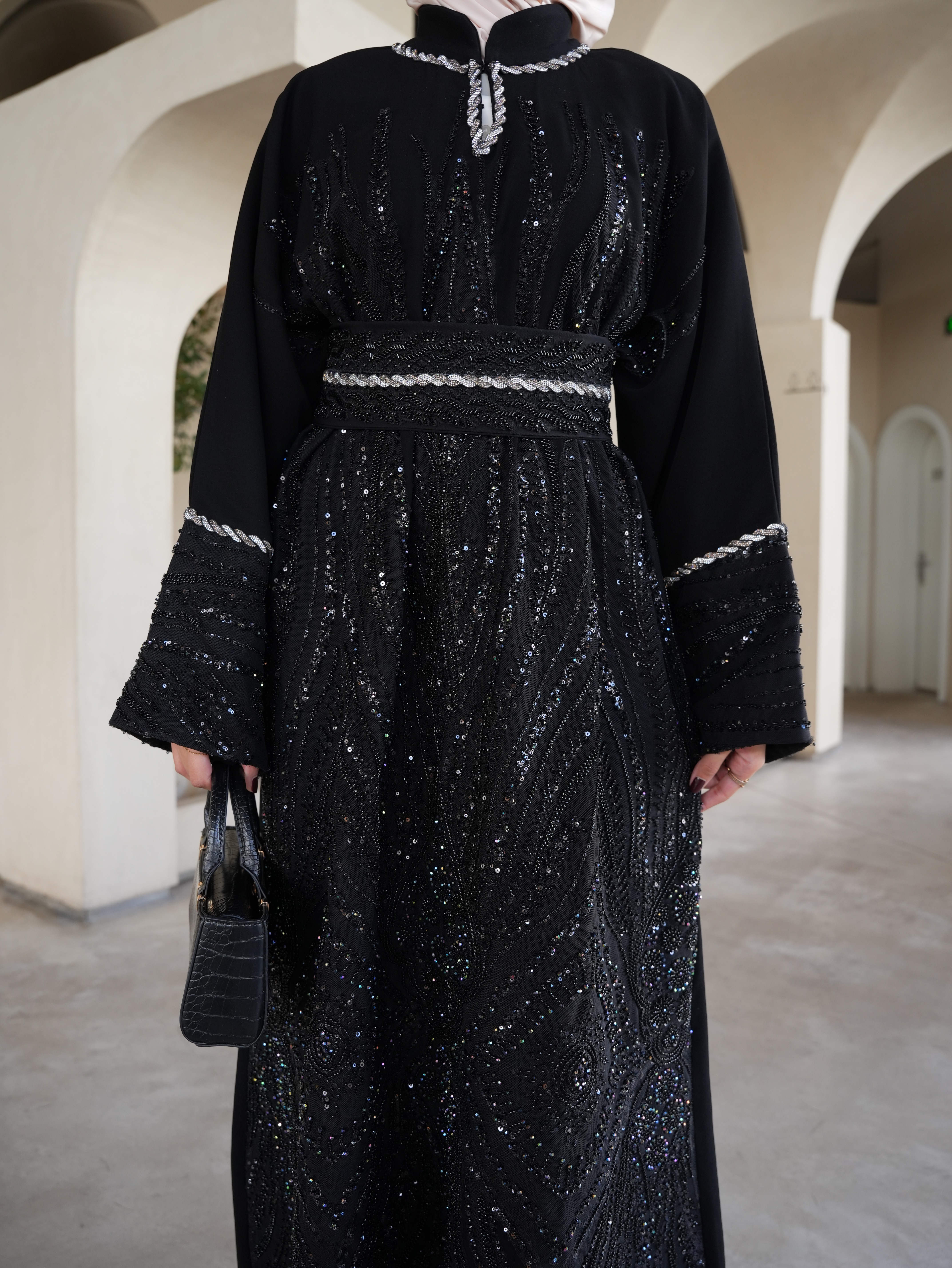Fully beaded black galabeya