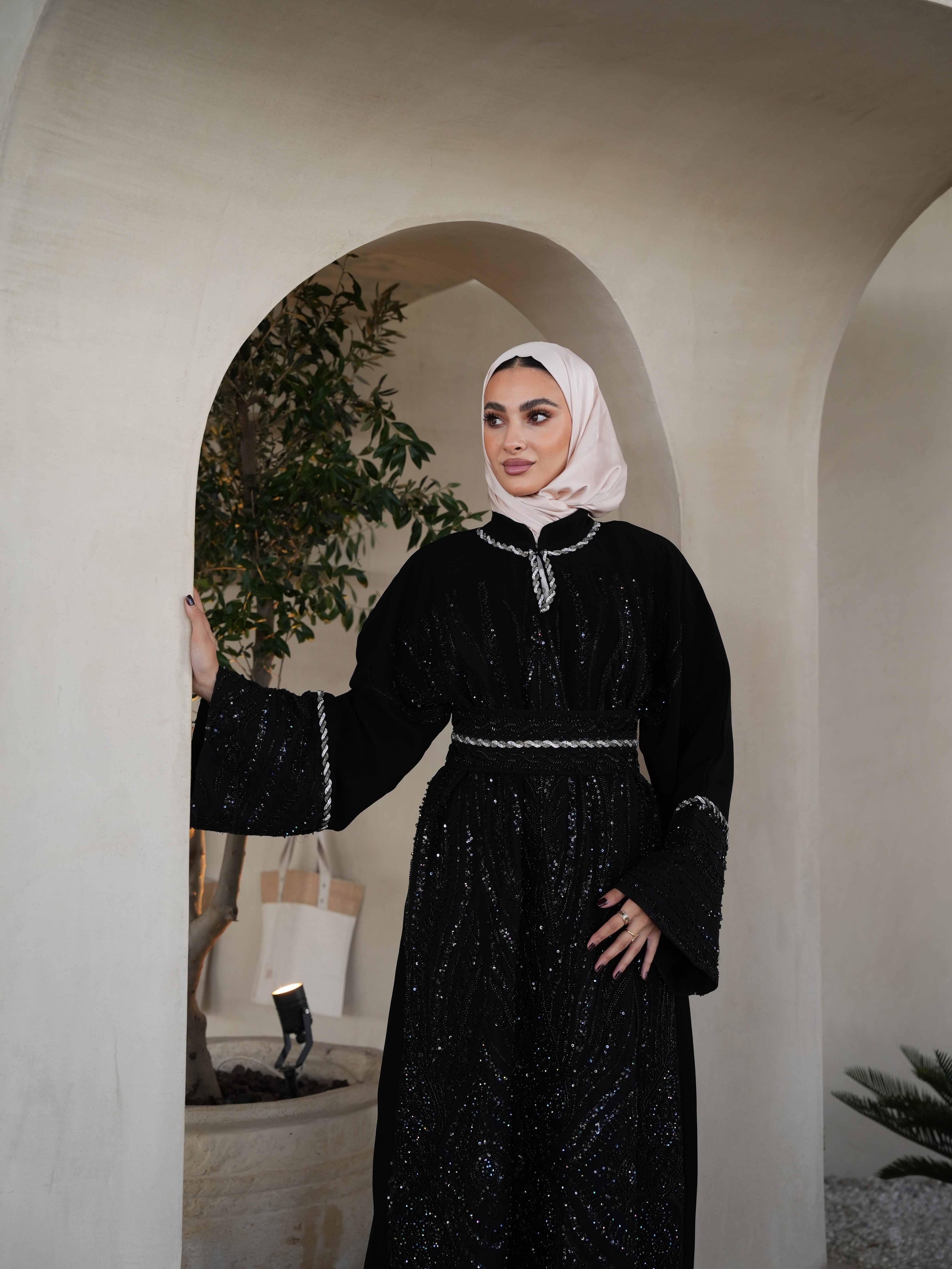 Fully beaded black galabeya