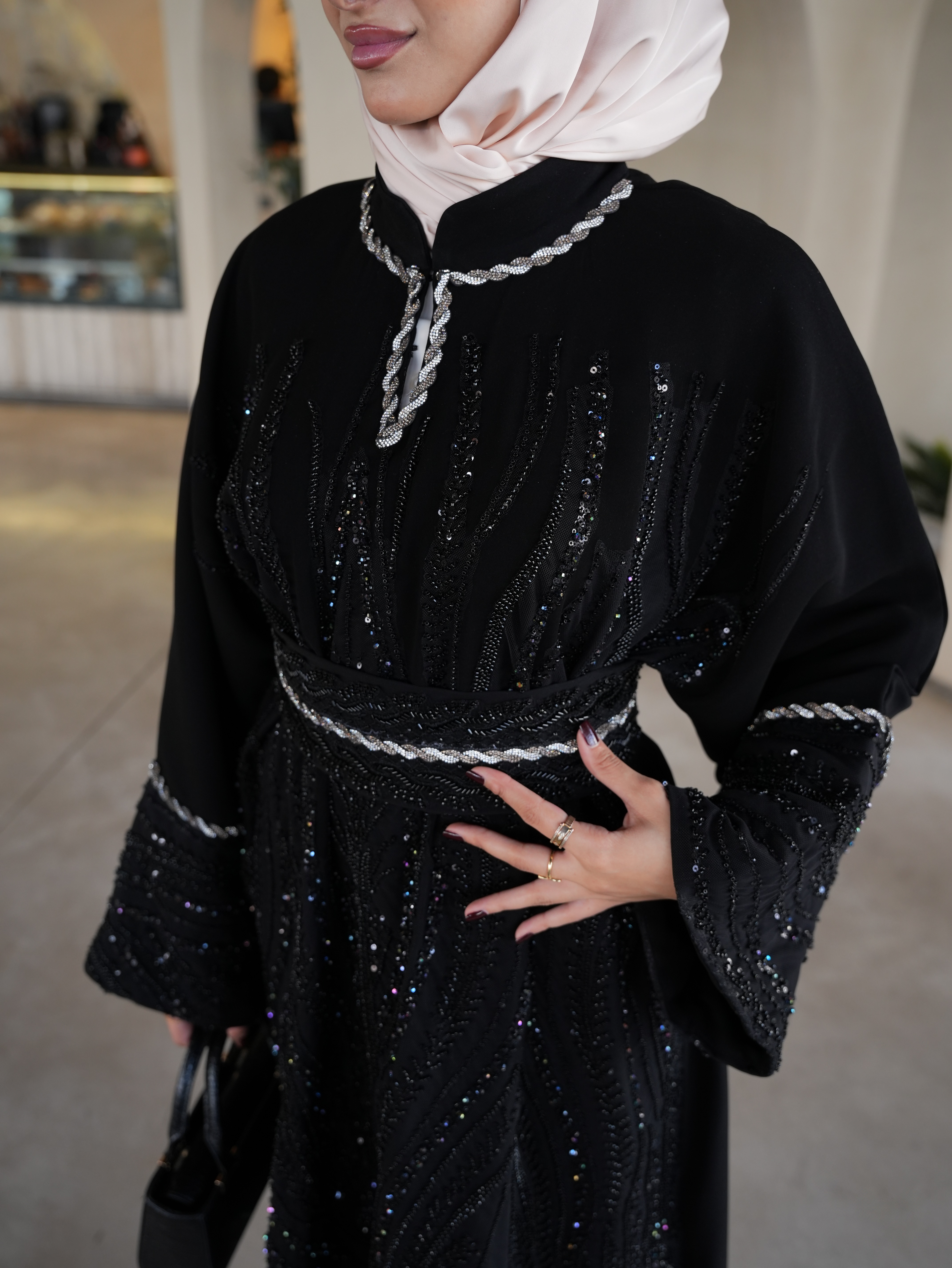 Fully beaded black galabeya